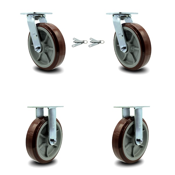 8 Inch Polyurethane Caster Set with Roller Bearings 2 Swivel Lock 2 Rigid SCC